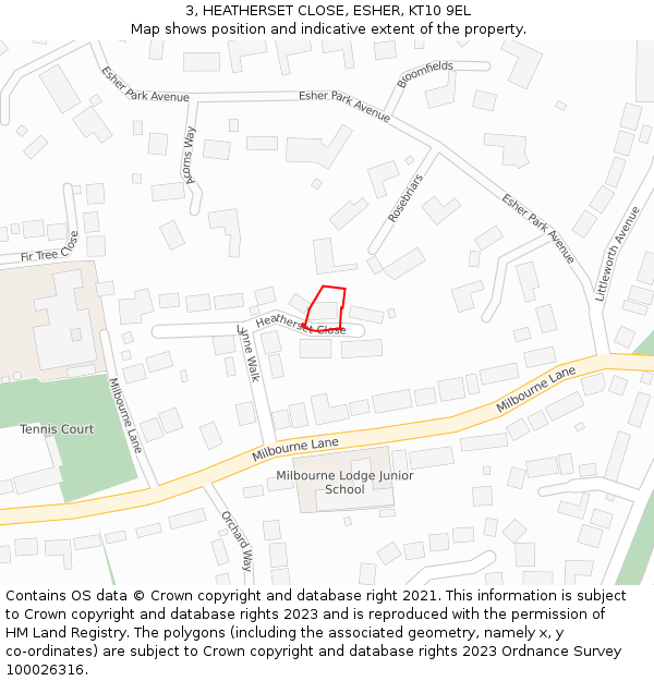 3, HEATHERSET CLOSE, ESHER, KT10 9EL: Location map and indicative extent of plot