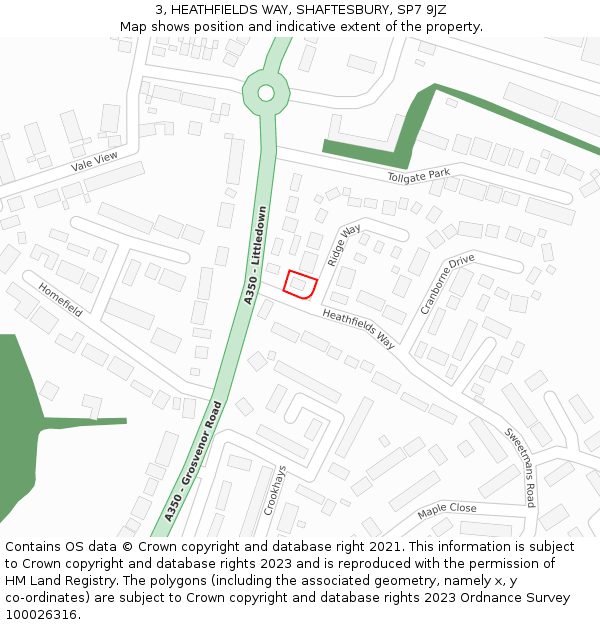 3, HEATHFIELDS WAY, SHAFTESBURY, SP7 9JZ: Location map and indicative extent of plot