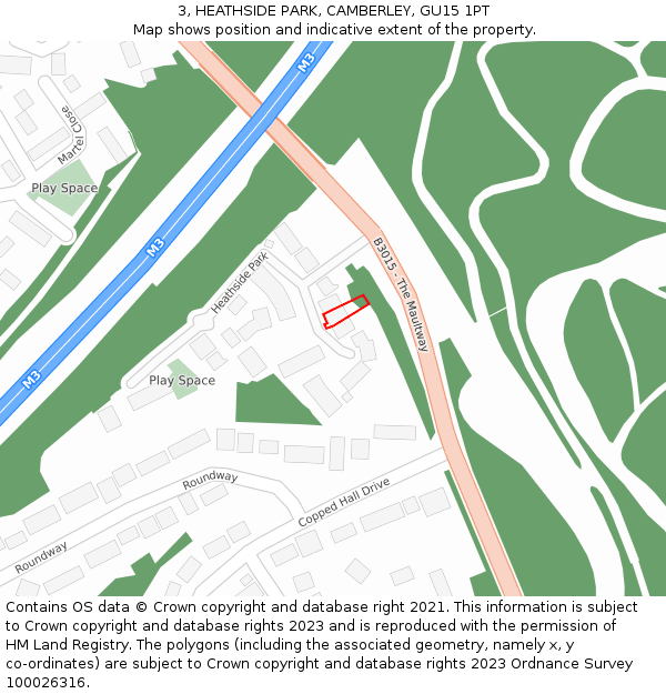 3, HEATHSIDE PARK, CAMBERLEY, GU15 1PT: Location map and indicative extent of plot