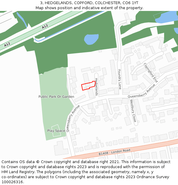 3, HEDGELANDS, COPFORD, COLCHESTER, CO6 1YT: Location map and indicative extent of plot