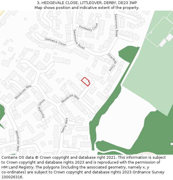 3, HEDGEVALE CLOSE, LITTLEOVER, DERBY, DE23 3WP: Location map and indicative extent of plot