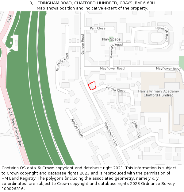 3, HEDINGHAM ROAD, CHAFFORD HUNDRED, GRAYS, RM16 6BH: Location map and indicative extent of plot