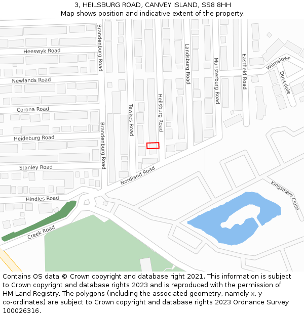 3, HEILSBURG ROAD, CANVEY ISLAND, SS8 8HH: Location map and indicative extent of plot