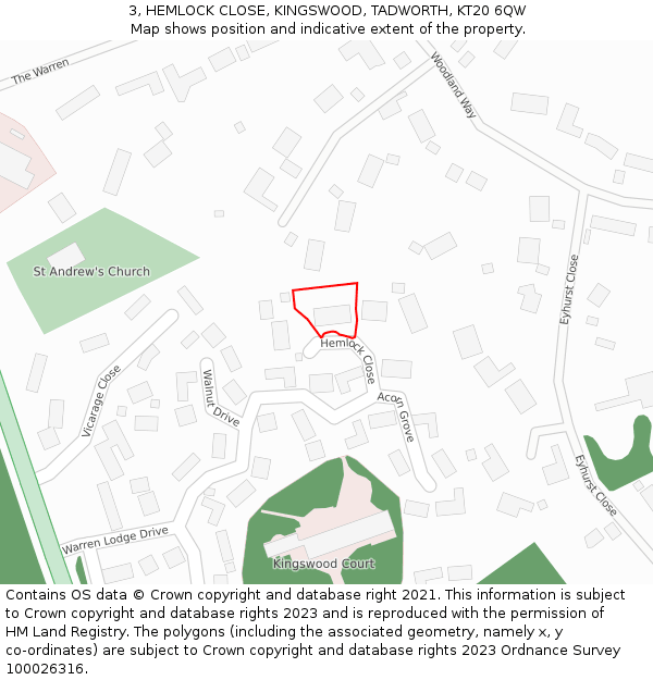 3, HEMLOCK CLOSE, KINGSWOOD, TADWORTH, KT20 6QW: Location map and indicative extent of plot