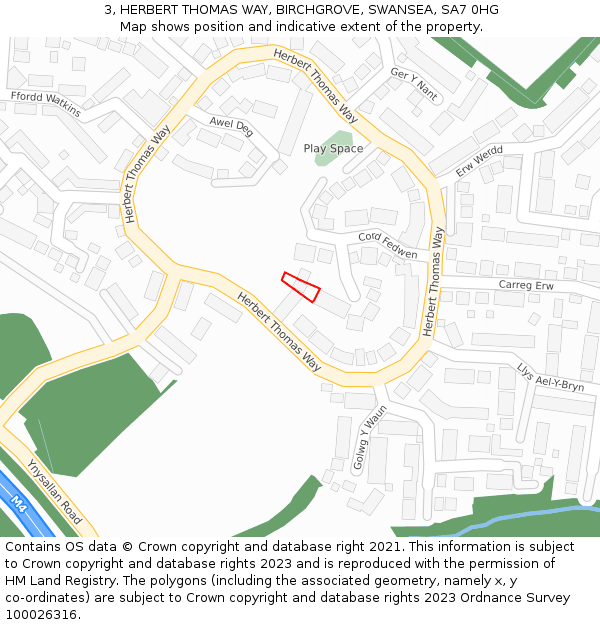 3, HERBERT THOMAS WAY, BIRCHGROVE, SWANSEA, SA7 0HG: Location map and indicative extent of plot