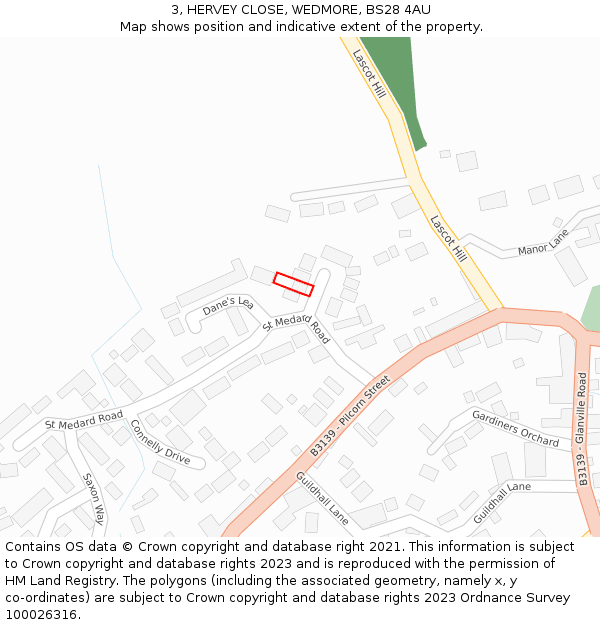 3, HERVEY CLOSE, WEDMORE, BS28 4AU: Location map and indicative extent of plot