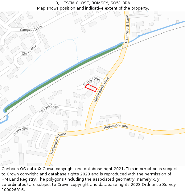 3, HESTIA CLOSE, ROMSEY, SO51 8PA: Location map and indicative extent of plot