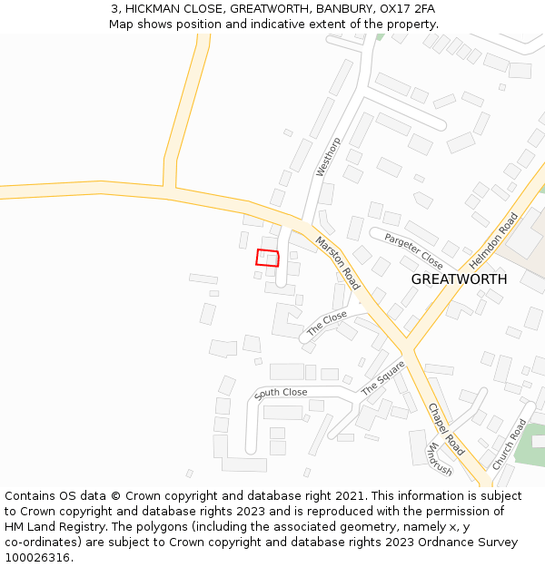 3, HICKMAN CLOSE, GREATWORTH, BANBURY, OX17 2FA: Location map and indicative extent of plot