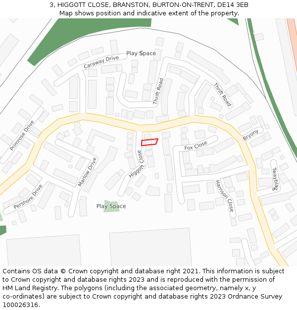 3, HIGGOTT CLOSE, BRANSTON, BURTON-ON-TRENT, DE14 3EB: Location map and indicative extent of plot