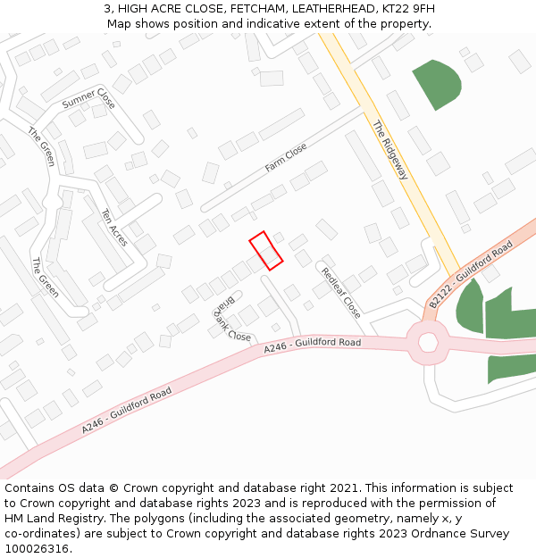 3, HIGH ACRE CLOSE, FETCHAM, LEATHERHEAD, KT22 9FH: Location map and indicative extent of plot