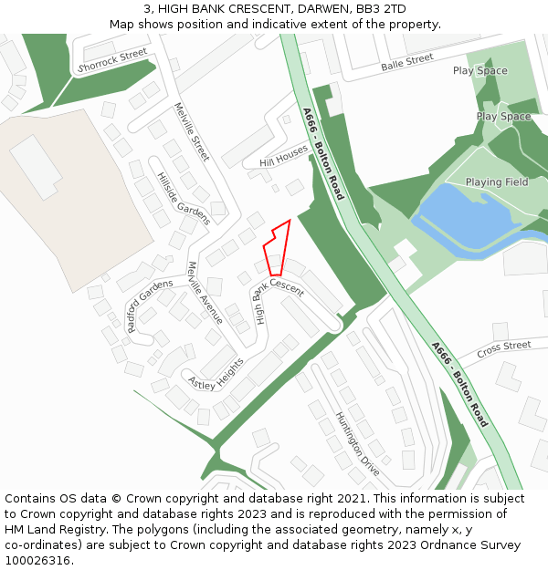 3, HIGH BANK CRESCENT, DARWEN, BB3 2TD: Location map and indicative extent of plot