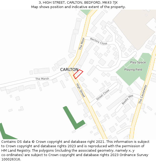 3, HIGH STREET, CARLTON, BEDFORD, MK43 7JX: Location map and indicative extent of plot