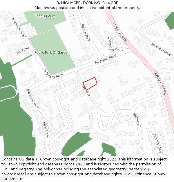 3, HIGHACRE, DORKING, RH4 3BF: Location map and indicative extent of plot