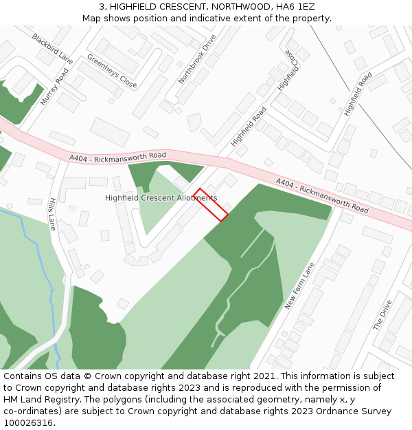 3, HIGHFIELD CRESCENT, NORTHWOOD, HA6 1EZ: Location map and indicative extent of plot