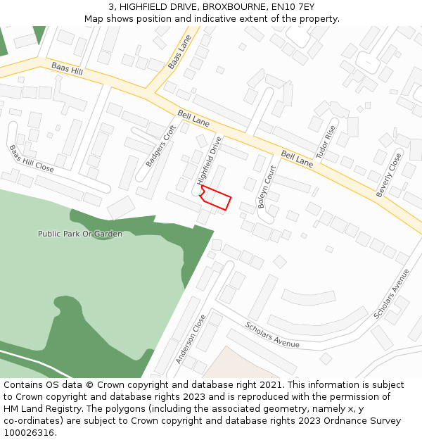 3, HIGHFIELD DRIVE, BROXBOURNE, EN10 7EY: Location map and indicative extent of plot