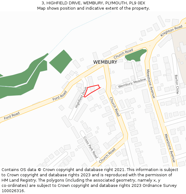 3, HIGHFIELD DRIVE, WEMBURY, PLYMOUTH, PL9 0EX: Location map and indicative extent of plot