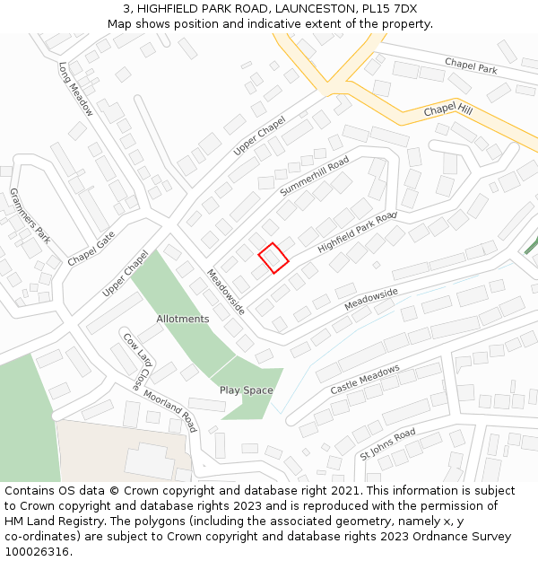 3, HIGHFIELD PARK ROAD, LAUNCESTON, PL15 7DX: Location map and indicative extent of plot