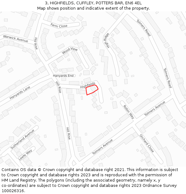 3, HIGHFIELDS, CUFFLEY, POTTERS BAR, EN6 4EL: Location map and indicative extent of plot