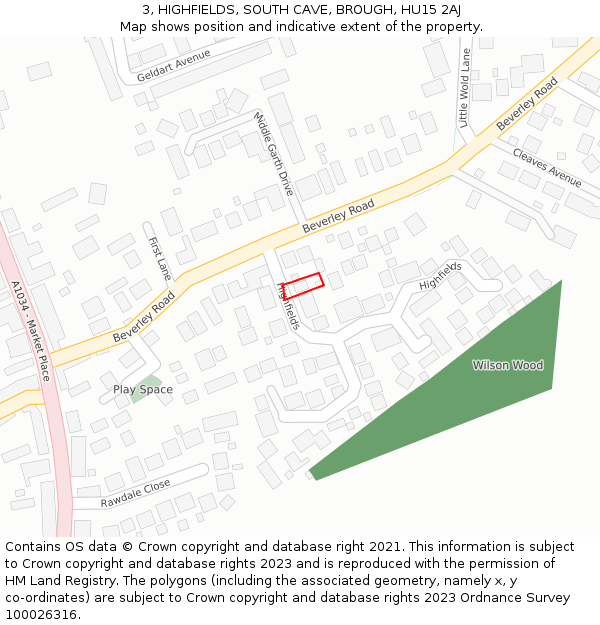 3, HIGHFIELDS, SOUTH CAVE, BROUGH, HU15 2AJ: Location map and indicative extent of plot