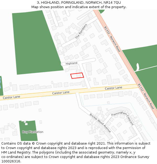 3, HIGHLAND, PORINGLAND, NORWICH, NR14 7QU: Location map and indicative extent of plot