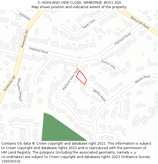 3, HIGHLAND VIEW CLOSE, WIMBORNE, BH21 2QX: Location map and indicative extent of plot