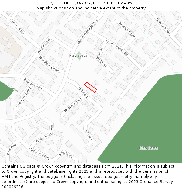 3, HILL FIELD, OADBY, LEICESTER, LE2 4RW: Location map and indicative extent of plot