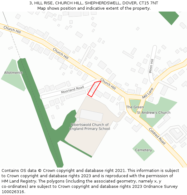 3, HILL RISE, CHURCH HILL, SHEPHERDSWELL, DOVER, CT15 7NT: Location map and indicative extent of plot