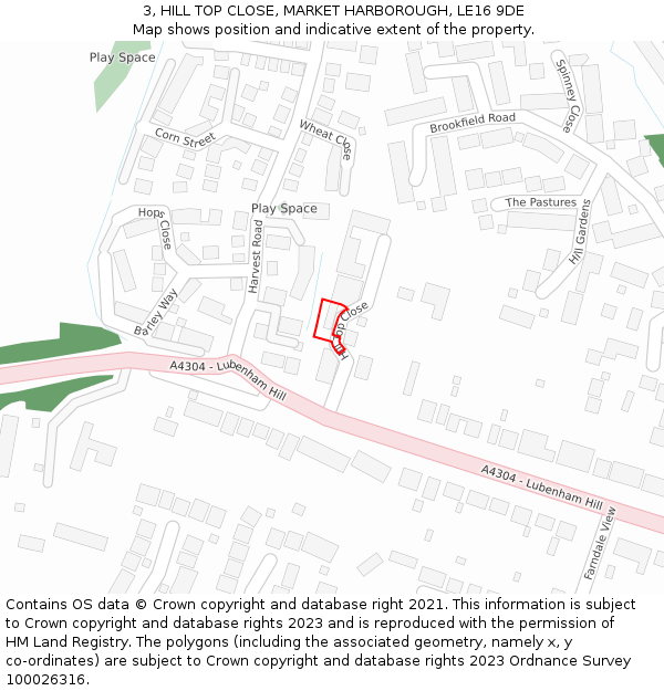 3, HILL TOP CLOSE, MARKET HARBOROUGH, LE16 9DE: Location map and indicative extent of plot