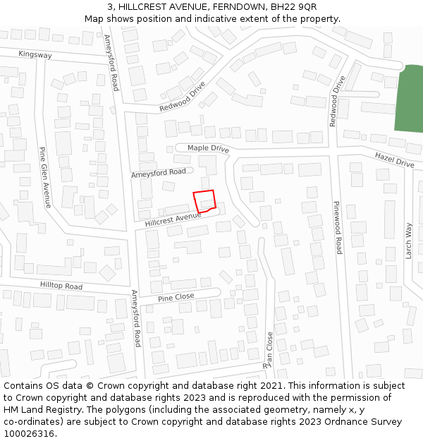 3, HILLCREST AVENUE, FERNDOWN, BH22 9QR: Location map and indicative extent of plot