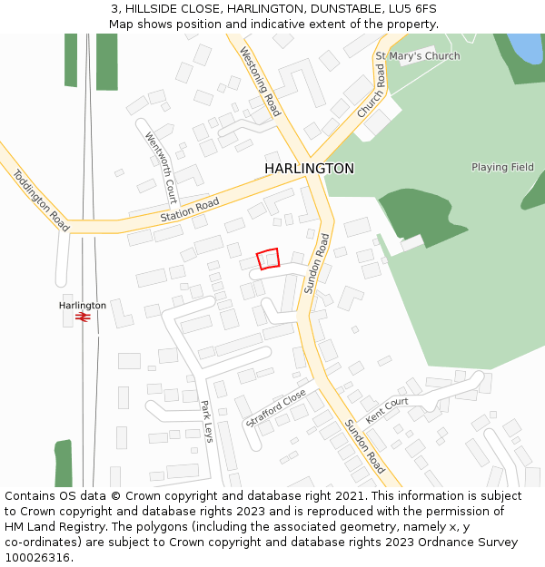 3, HILLSIDE CLOSE, HARLINGTON, DUNSTABLE, LU5 6FS: Location map and indicative extent of plot
