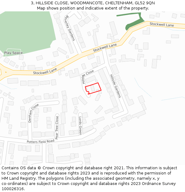 3, HILLSIDE CLOSE, WOODMANCOTE, CHELTENHAM, GL52 9QN: Location map and indicative extent of plot