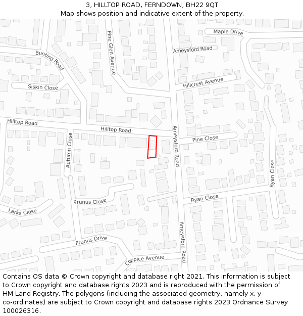 3, HILLTOP ROAD, FERNDOWN, BH22 9QT: Location map and indicative extent of plot