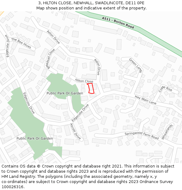 3, HILTON CLOSE, NEWHALL, SWADLINCOTE, DE11 0PE: Location map and indicative extent of plot