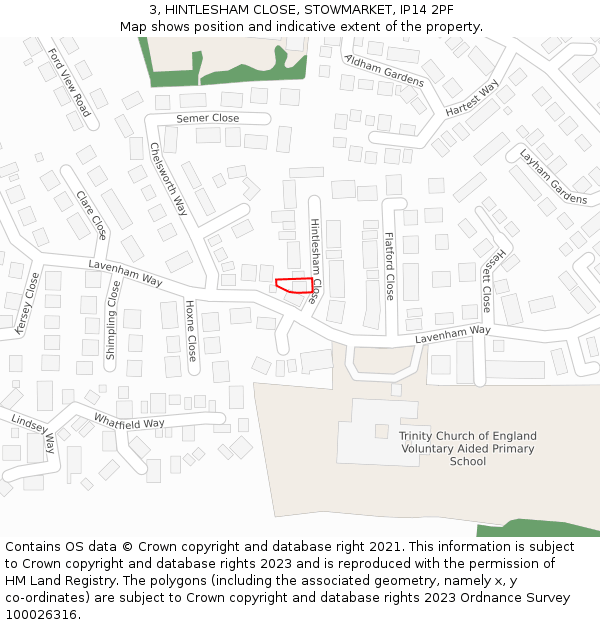3, HINTLESHAM CLOSE, STOWMARKET, IP14 2PF: Location map and indicative extent of plot