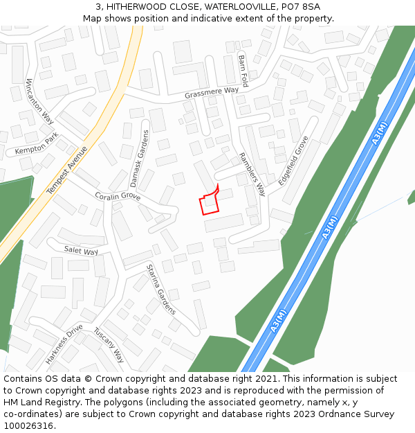 3, HITHERWOOD CLOSE, WATERLOOVILLE, PO7 8SA: Location map and indicative extent of plot