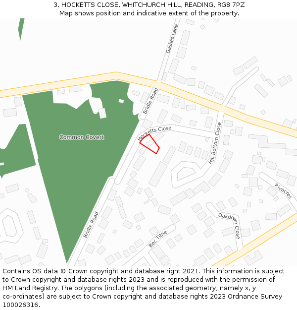 3, HOCKETTS CLOSE, WHITCHURCH HILL, READING, RG8 7PZ: Location map and indicative extent of plot