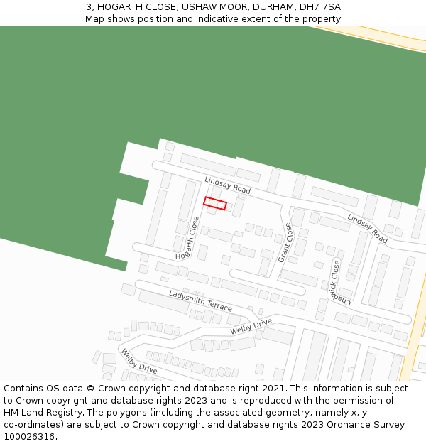 3, HOGARTH CLOSE, USHAW MOOR, DURHAM, DH7 7SA: Location map and indicative extent of plot