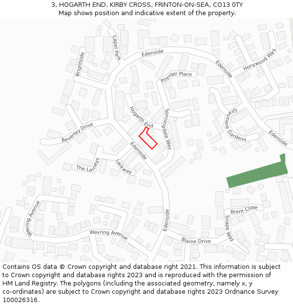 3, HOGARTH END, KIRBY CROSS, FRINTON-ON-SEA, CO13 0TY: Location map and indicative extent of plot