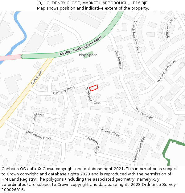 3, HOLDENBY CLOSE, MARKET HARBOROUGH, LE16 8JE: Location map and indicative extent of plot
