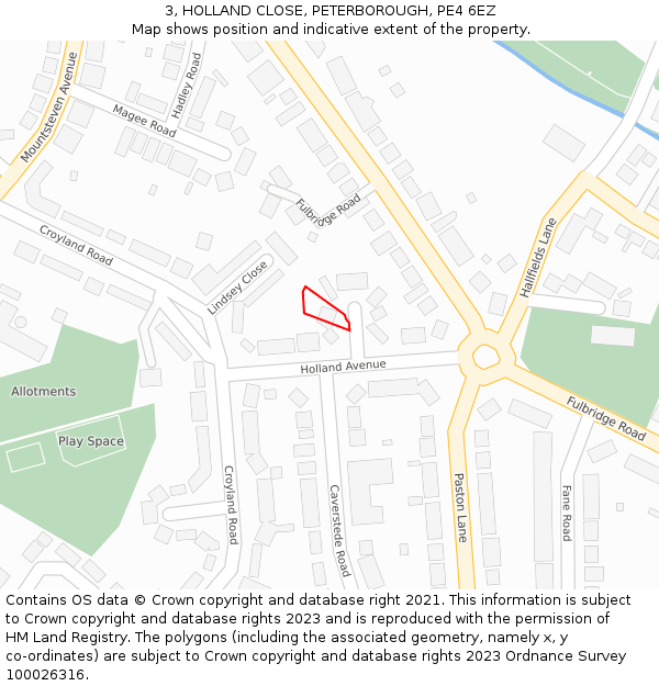 3, HOLLAND CLOSE, PETERBOROUGH, PE4 6EZ: Location map and indicative extent of plot