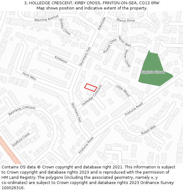 3, HOLLEDGE CRESCENT, KIRBY CROSS, FRINTON-ON-SEA, CO13 0RW: Location map and indicative extent of plot
