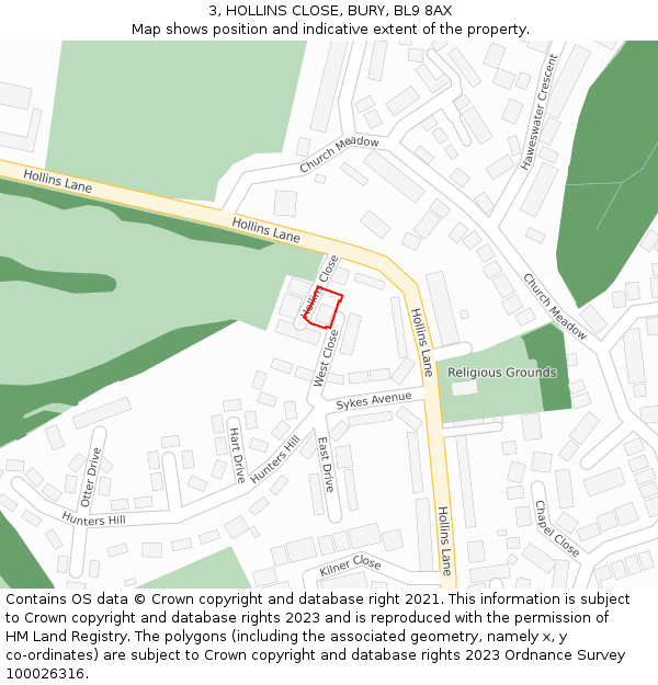 3, HOLLINS CLOSE, BURY, BL9 8AX: Location map and indicative extent of plot