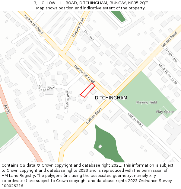 3, HOLLOW HILL ROAD, DITCHINGHAM, BUNGAY, NR35 2QZ: Location map and indicative extent of plot