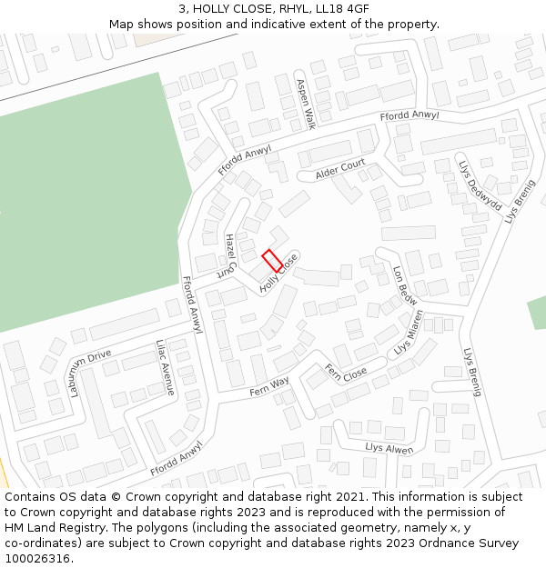 3, HOLLY CLOSE, RHYL, LL18 4GF: Location map and indicative extent of plot