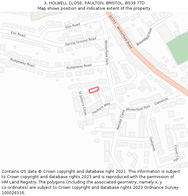 3, HOLWELL CLOSE, PAULTON, BRISTOL, BS39 7TD: Location map and indicative extent of plot