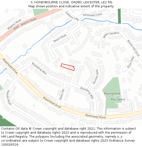 3, HONEYBOURNE CLOSE, OADBY, LEICESTER, LE2 5PJ: Location map and indicative extent of plot