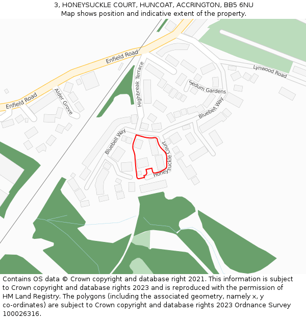 3, HONEYSUCKLE COURT, HUNCOAT, ACCRINGTON, BB5 6NU: Location map and indicative extent of plot