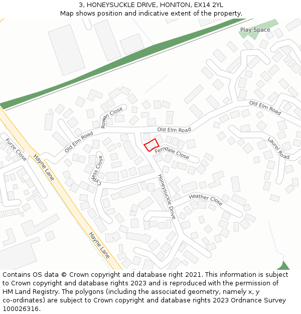3, HONEYSUCKLE DRIVE, HONITON, EX14 2YL: Location map and indicative extent of plot