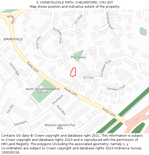 3, HONEYSUCKLE PATH, CHELMSFORD, CM1 6XT: Location map and indicative extent of plot