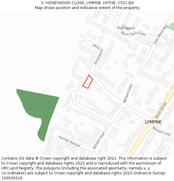 3, HONEYWOOD CLOSE, LYMPNE, HYTHE, CT21 4JS: Location map and indicative extent of plot